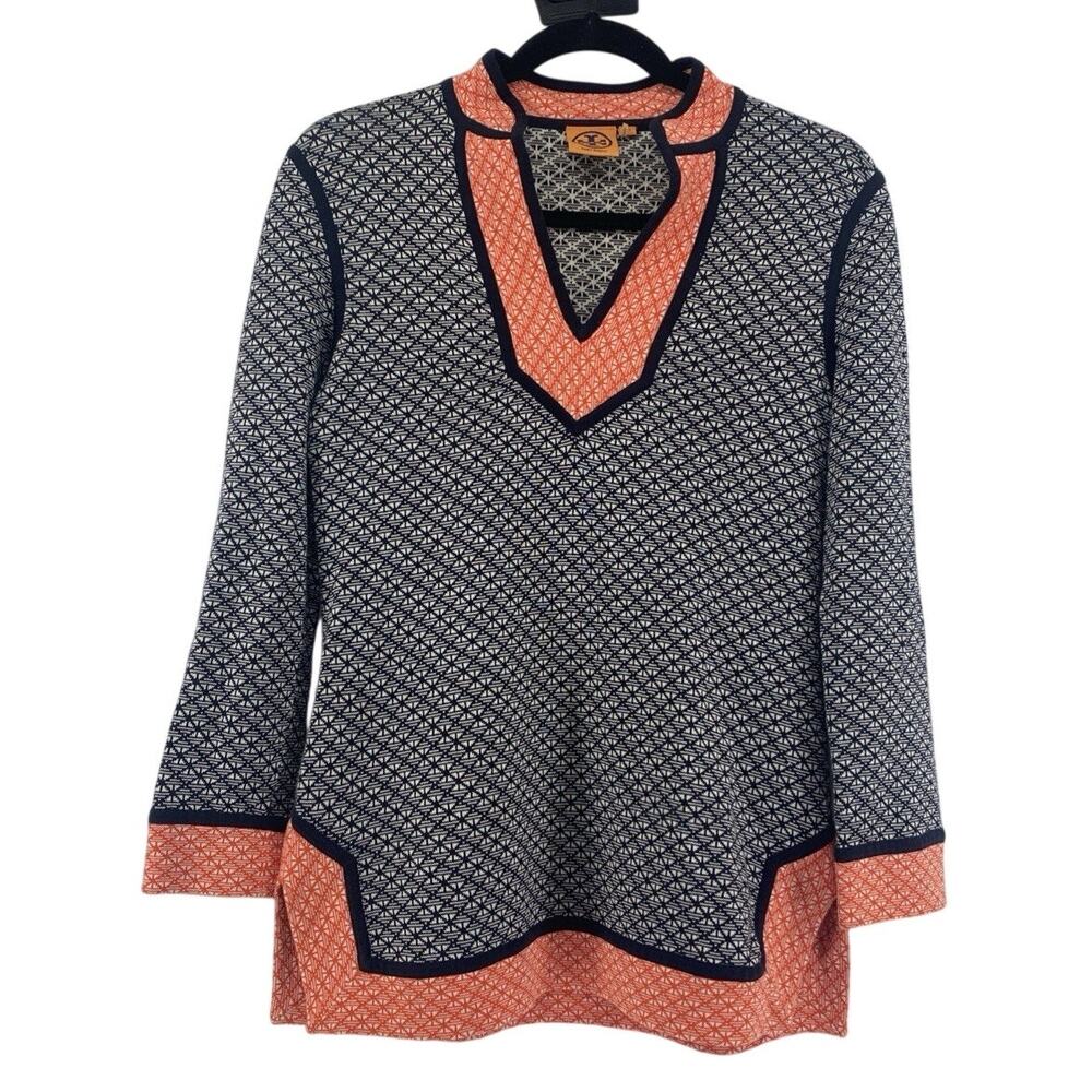 Tory Burch Womens Geometric Knit Split Neck Tunic Top Black Orange Cotton Sz XS